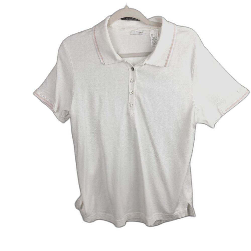 Liz Golf Polo Shirt Womens L Cream Pink Trim Silver Logo Buttons Embroidered